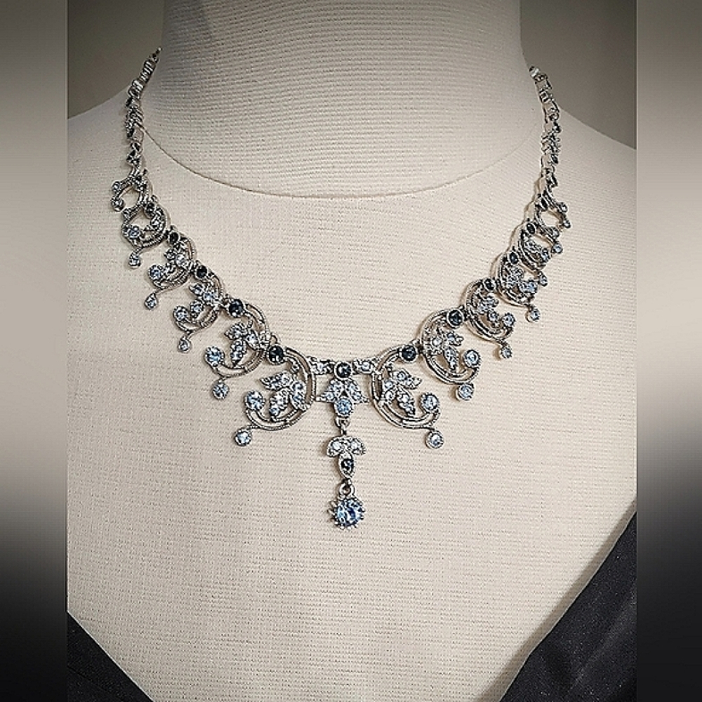 Romantic Tara Vanessa Bib Necklace - Silver Tone  Pale Blue & Clear Rhinestones